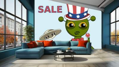 emoticon with Uncle Sam alien pointing finger at you, USA mascot wants you for US army, american government or president personification in striped top hat with stars, vector emoji drawn by hand in co Wall mural