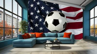 Leather soccer ball with American flag in background Wall mural