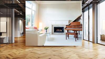 living room decorated with leather sofa and piano with fireplace Wall mural