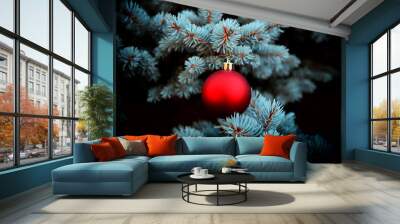 Vintage Christmas tree with red ornament for the holidays Wall mural