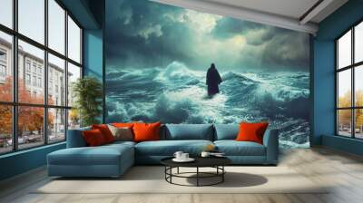 Biblical theme concept Jesus walks across the sea on water during a storm Wall mural