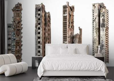 Collection of ruined skyscrapers on transparent or white background Wall mural