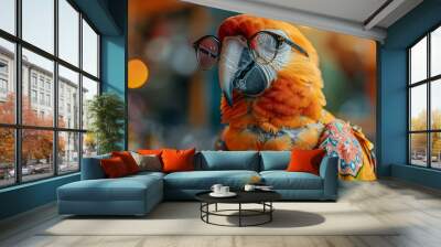 It's a brightly colored parrot wearing sunglasses and a scarf.

 Wall mural