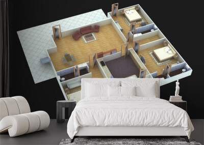 A 3d, colorful illustration of the modern floor plan with and furniture on a black background Wall mural