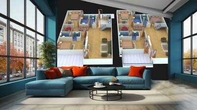 A 3d, colorful illustration of two modern floor plans with furniture on a black background Wall mural