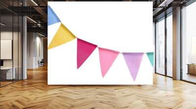 Bright colorful bunting garland. Party flags on rope. Textured fabric. Birthday celebration, wedding anniversary. Holiday Festa Junina decor. Isolated overlay object, banner on background Wall mural