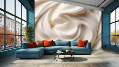 Closeup of vanilla ice cream. Frozen yogurt macro, Summer delicious refreshment. Gourmet food banner. Dairy product. Homemade sweet dessert. Refreshment concept. Top view. No people. Wall mural