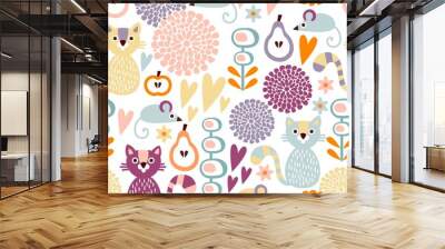 cute colorful seamless floral vector pattern with cat and mouse Wall mural