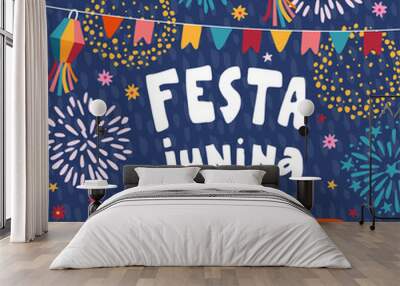 Festa junina, Brazilian june party greeting card, invitation.. Latin American holiday.Garland of bunting flags, lanterns, colorful houses and fireworks. Vector illustrations, flat design, textured Wall mural