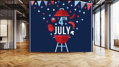 Happy Independence day, 4th July national holiday. Festive greeting card, invitation with bunting flags decoration, barbecue food symbols and stras in USA flag colors. Vector illustration background Wall mural