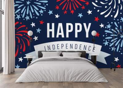 Happy Independence day, 4th July national holiday. Festive greeting card, invitation with hand drawn fireworks in USA flag colors. Vector illustration background, web banner. Wall mural