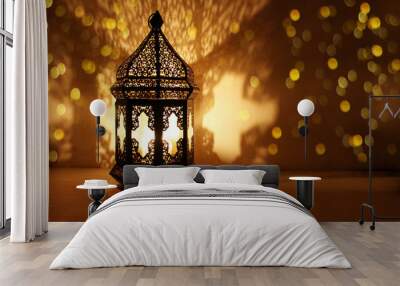 Ornamental Arabic lantern with burning candle glowing at night and glittering golden bokeh lights. Festive greeting card, invitation for Muslim holy month Ramadan Kareem. Dark background. Wall mural