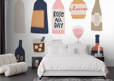 Set of hand drawn alcoholic drinks, cocktails with lettering quotes. Wine, champagne and cognac bottles. Happy New Year celebration and party concept. Isolated vector icons. Flat design. Wall mural