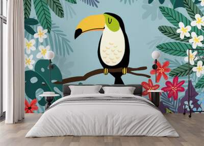 Summer tropical background. Toucan bird with palm and monstera leaves, hibiscus and plumeria flowers. Stock vector illustrations, flat design. Wall mural