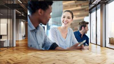 Business meeting, diversity and happy woman discussion, conversation and talking to work colleague, staff or employee. Cooperation, teamwork and corporate people, group or team work on agency project Wall mural