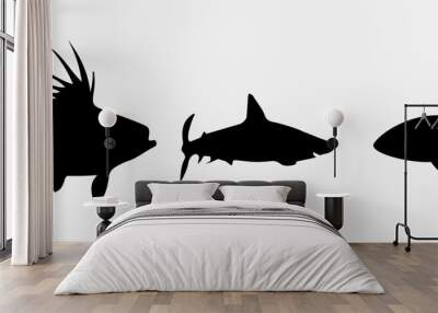 isolated black silhouette of a fish , vector collection Wall mural