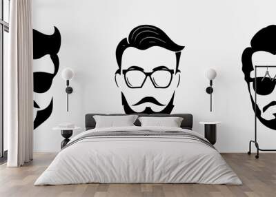 isolated black silhouette of man hairstyle with glasses, vector collection Wall mural