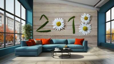 new year 2018 of flowers and green grass on wooden background. Wall mural