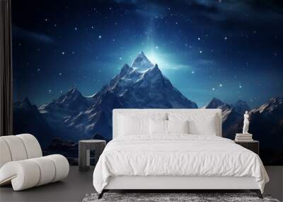 A captivating shot of a star-filled night sky above a rugged mountain peak, a celestial symphony in the depths of darkness. Wall mural