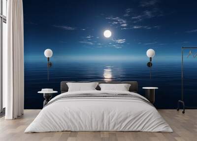 An awe-inspiring shot of a full moon rising over a calm ocean, casting a path of shimmering silver on the water's surface. Wall mural