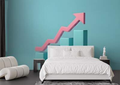 3D bar chart with pink arrow in pastel colors symbolizing growth and progress on blue background. Wall mural