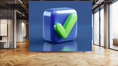 3D blue cube with a green checkmark symbol on a blue background, symbolizing success, approval, or completion. Wall mural