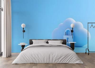 3D cloud with padlock symbolizing data security, privacy, and cloud computing. Blue background, minimalistic design. Wall mural