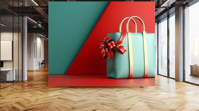 3D Festive Gift Bag with Ribbon on Colorful Background. Christmas Theme Wall mural