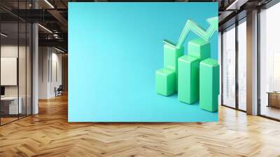 3D graph showing upward trend with green bars and arrow, representing financial growth and business success on blue background. Wall mural