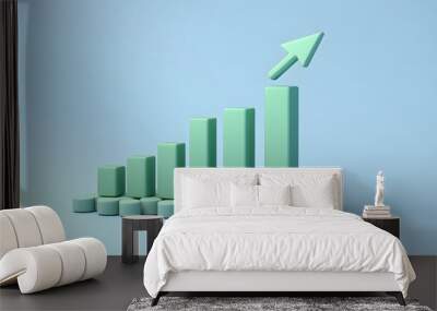 3D green bar chart with upward arrow on light blue background, symbolizing business growth and financial progress. Wall mural