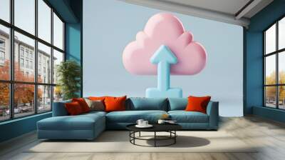 3D illustration of a pink cloud with an upward arrow, representing data upload, cloud storage, or online technology on a pastel blue background. Wall mural