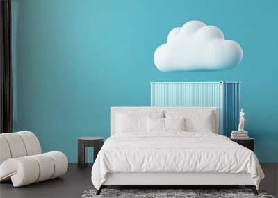 3D illustration of a shipping container under a cloud on a blue background, symbolizing cloud computing and storage solutions. Wall mural