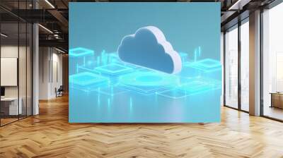 3D illustration of cloud computing technology with digital connections. Concept of online data storage, networking, and internet infrastructure. Wall mural