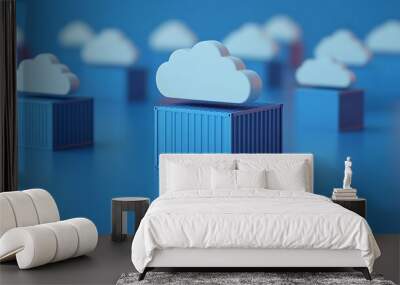 3D illustration of cloud storage concept with white cloud icons over blue containers on a blue background, symbolizing data storage and cloud computing. Wall mural