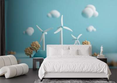 3D illustration of wind turbines on hills with clouds and flowers, representing clean energy and environmental sustainability. Wall mural