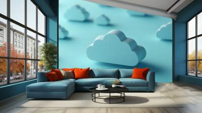 3D render of abstract cloud shapes on a light blue background, symbolizing cloud computing, data storage, and technology innovation. Wall mural