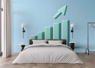 3D rendering of a bar chart showing growth with an upward pointing arrow on a blue background, representing business success and progress. Wall mural