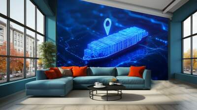 3D rendering of a cargo ship with GPS pin for tracking on digital grid background, representing global transportation and logistics. Wall mural