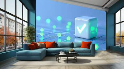 A 3D render of a glowing check mark symbol on a cube, surrounded by green lights on a blue surface, representing approval and technology. Wall mural