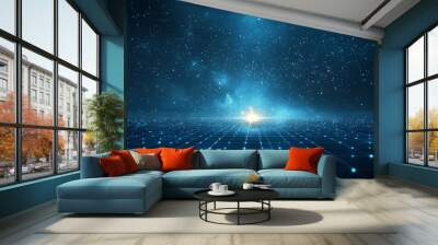 A captivating cosmic scene featuring a radiant star at the center of a grid illuminated by deep blue and starry background. Wall mural