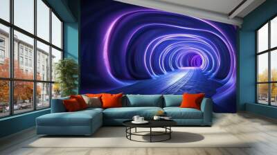 A captivating neon tunnel with swirling patterns, inviting exploration and creativity in vibrant shades of blue and purple. Product presentation background. Wall mural