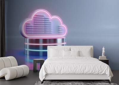 A digital cloud symbol illuminated with vibrant neon lights, representing modern technology and data storage solutions. Wall mural