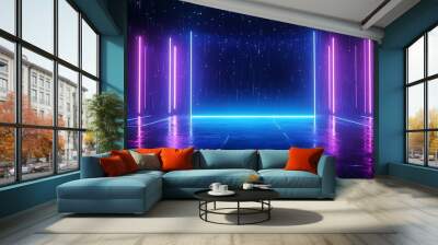 A dimly lit neon stage with glowing lights and a reflective floor, creating a vibrant and futuristic atmosphere. Stage for product presentation. Wall mural