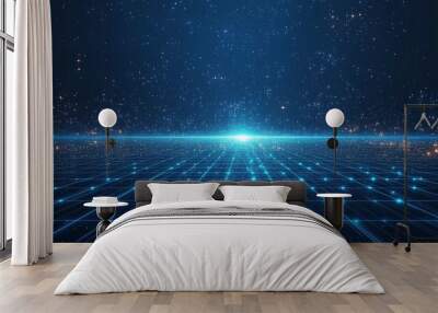 A futuristic blue digital landscape featuring glowing grid lines and bright particles, illuminating a sense of technology and innovation. Wall mural