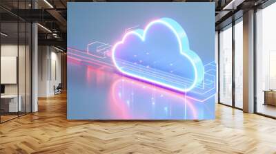 A futuristic cloud computing concept featuring glowing neon elements and digital connections, representing data storage and technology. Wall mural