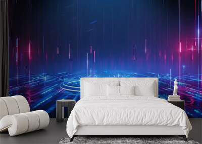 A futuristic digital background featuring neon lights, glowing beams, and a central circular platform in a dark environment. Stage for product presentation. Wall mural