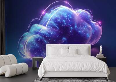 A futuristic digital cloud with glowing neon lights and cosmic particles, representing technology and innovation in a colorful abstract design. Wall mural