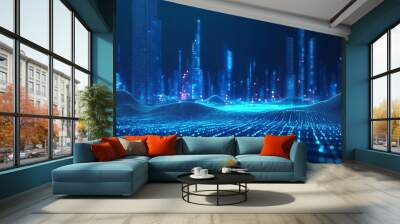 A futuristic digital landscape with glowing blue elements, representing technology and innovation in a virtual space. Wall mural