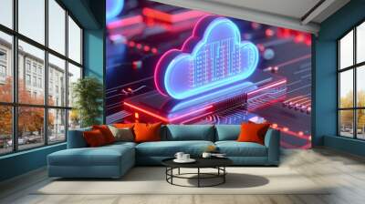 A futuristic illustration of a neon cloud symbolizing cloud computing amidst a digital circuit background. Wall mural