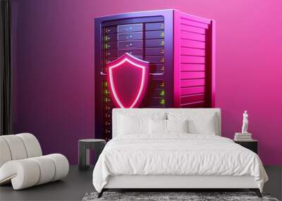 A futuristic server with neon light accents, representing cybersecurity and data protection in a modern digital landscape. Wall mural